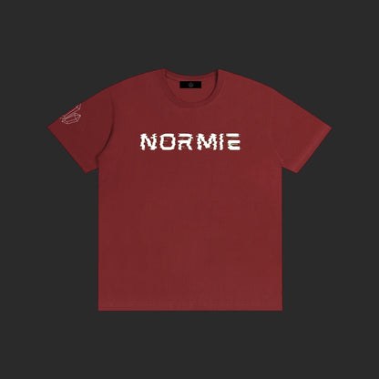 4iir Normie T-shirt in dark red cotton with white glitch-style text graphic on chest and small sleeve detail