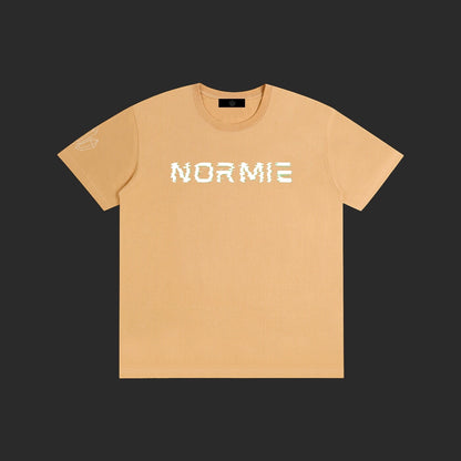 4iir Normie T beige cotton t-shirt with white glitch-style text graphic on chest and small sleeve detail