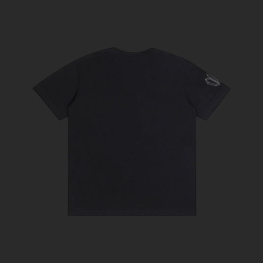 4iir Normie T black cotton t-shirt viewed from the back with a small graphic detail on the left sleeve