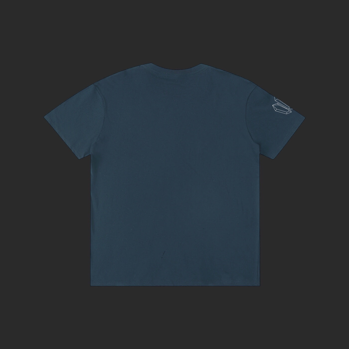 4iir Normie T dark blue cotton t-shirt with a small graphic detail on the sleeve, viewed from the back.