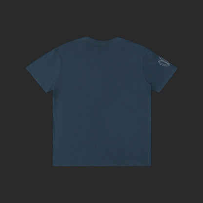 4iir Normie T dark blue cotton t-shirt with a small graphic detail on the sleeve, viewed from the back.