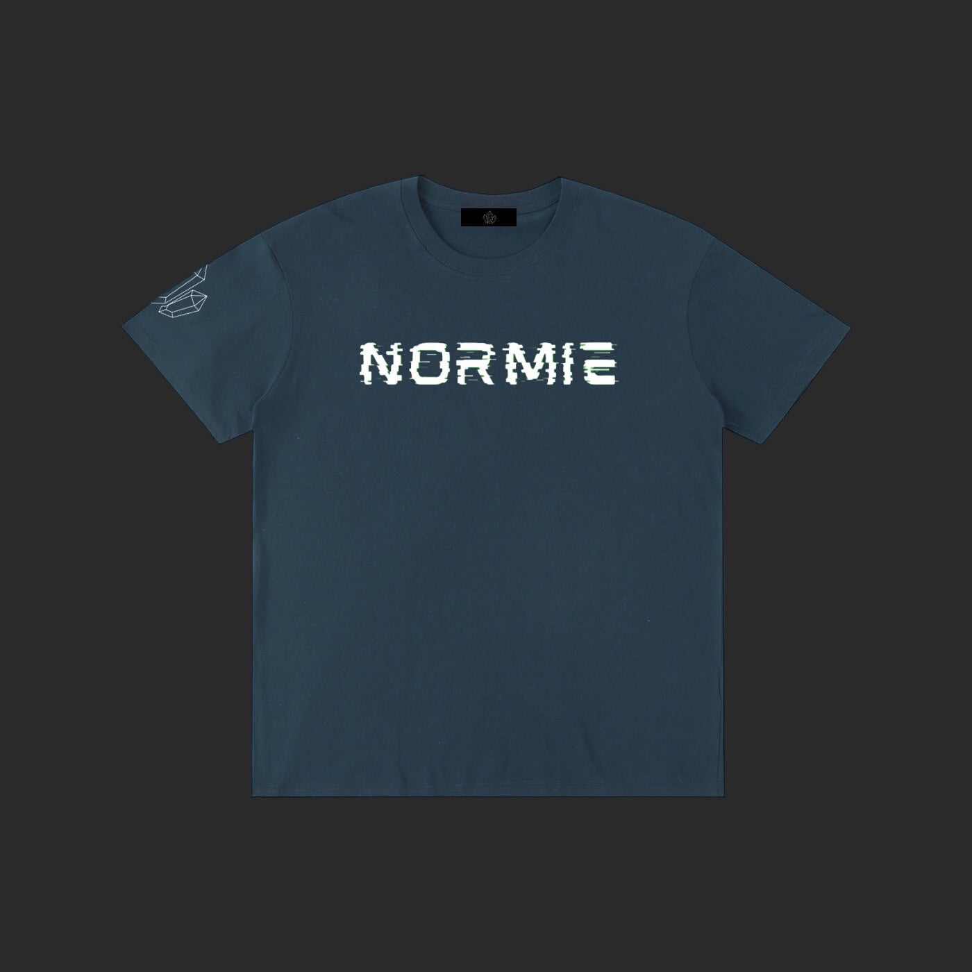 4iir Normie T dark blue cotton t-shirt with white glitch-style text graphic on chest and sleeve detail