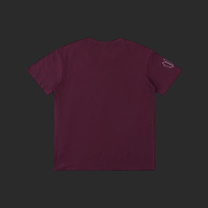 4iir Normie T burgundy cotton t-shirt with a small white graphic on the left sleeve, back view.