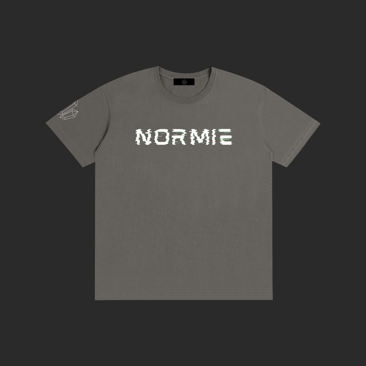 4iir Normie T grey cotton t-shirt with white glitch-style text graphic on the chest and small sleeve detail.