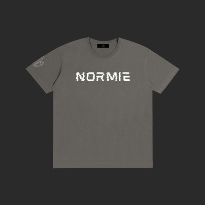 4iir Normie T grey cotton t-shirt with white glitch-style text graphic on the chest and small sleeve detail.