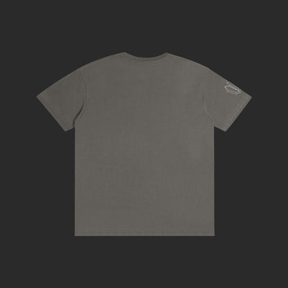 4iir Normie T grey cotton t-shirt with a small white graphic on the sleeve, shown from the back.