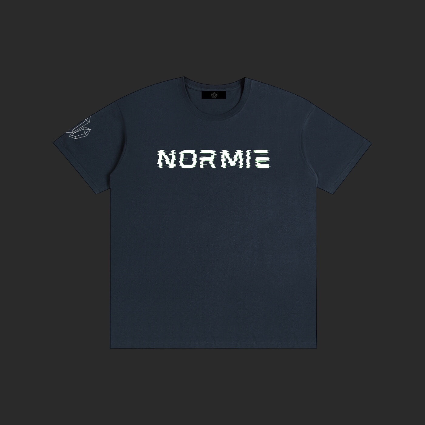 4iir Normie T navy blue cotton t-shirt with white glitch-style text graphic on chest and sleeve detail