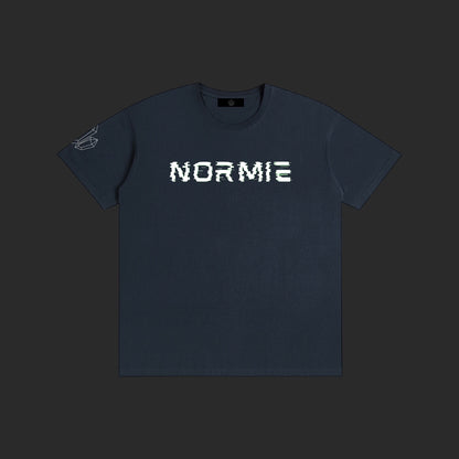 4iir Normie T navy blue cotton t-shirt with white glitch-style text graphic on chest and sleeve detail