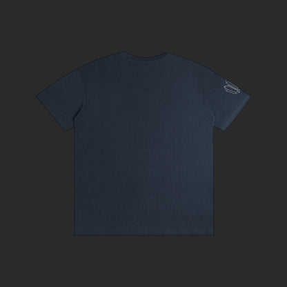 4iir Normie T dark navy 100% cotton t-shirt with a small graphic detail on the left sleeve, back view.