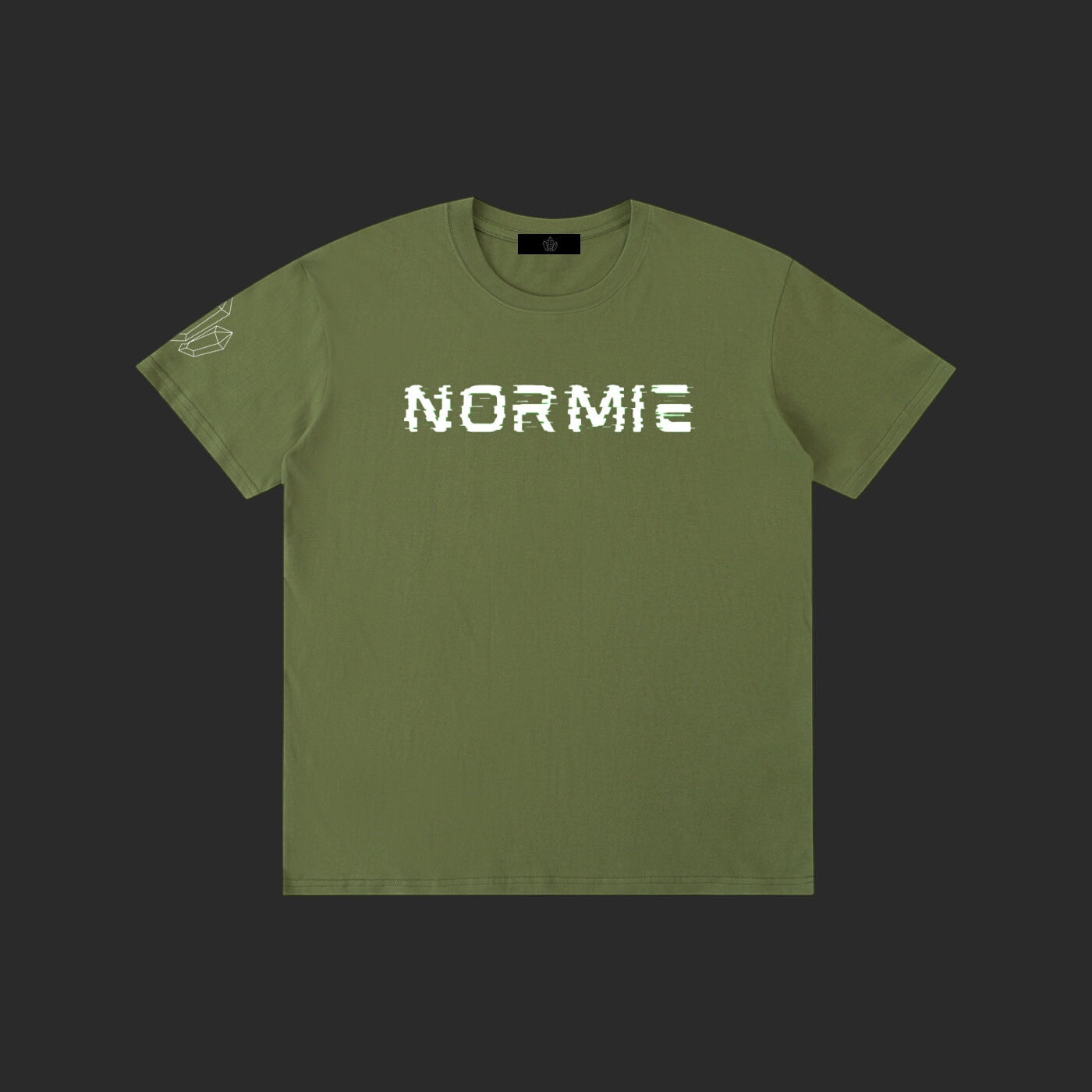 4iir Normie T olive green cotton t-shirt with white glitch-style text graphic on chest and small sleeve detail