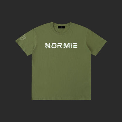 4iir Normie T olive green cotton t-shirt with white glitch-style text graphic on chest and small sleeve detail