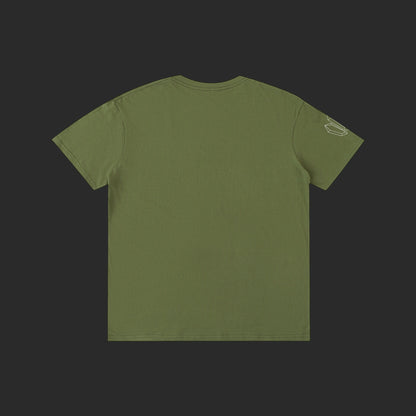 4iir Normie T olive green cotton t-shirt with small white graphic detail on the sleeve, back view