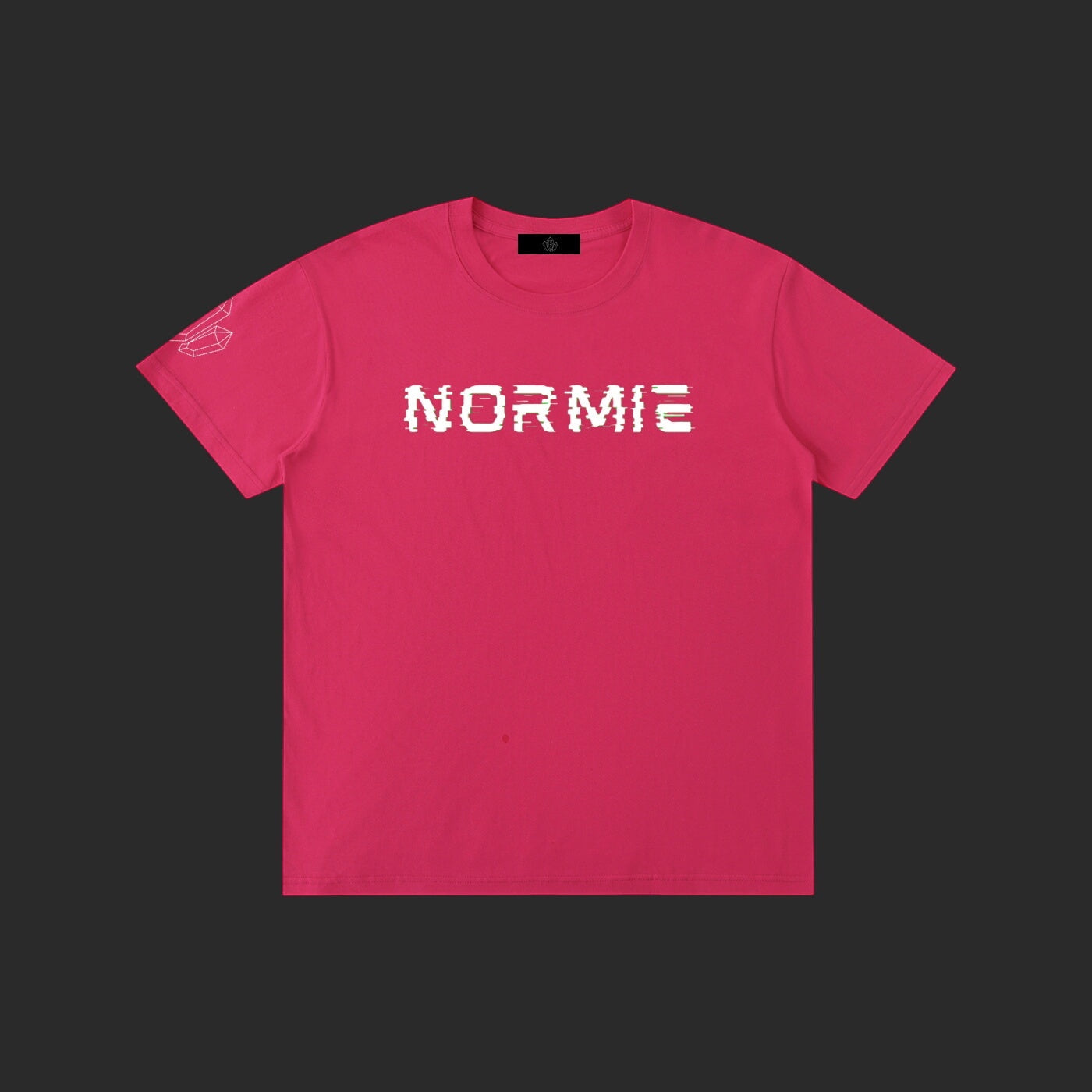 4iir Normie T pink cotton t-shirt with white glitch-style text graphic on chest and sleeve detail