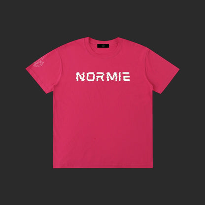 4iir Normie T pink cotton t-shirt with white glitch-style text graphic on chest and sleeve detail