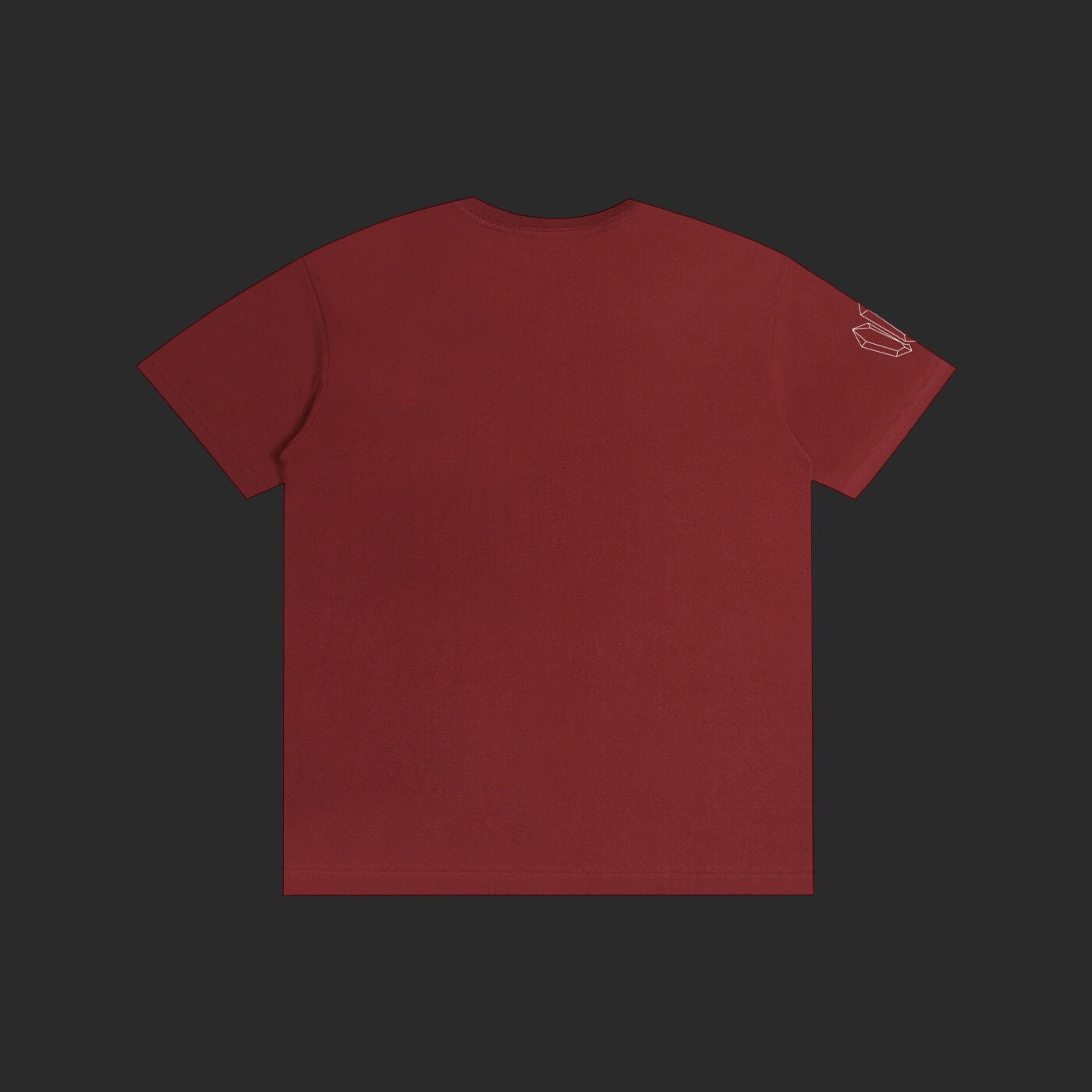 4iir Normie T red cotton t-shirt with a small white graphic on the sleeve, shown from the back.