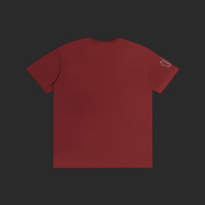 4iir Normie T red cotton t-shirt with a small white graphic on the sleeve, shown from the back.
