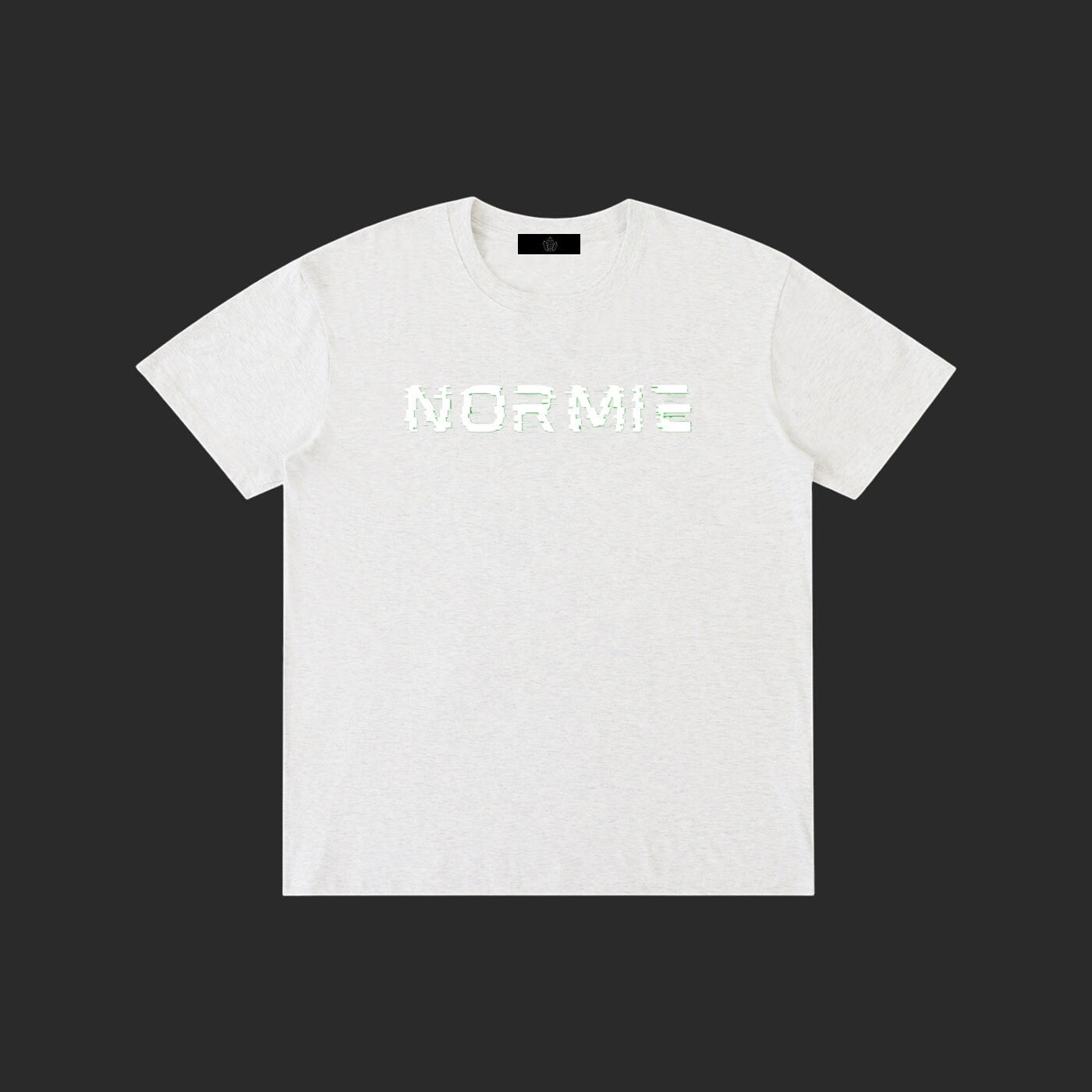 4iir Normie T-shirt in light grey heather cotton with a glitch-effect graphic print on the chest.