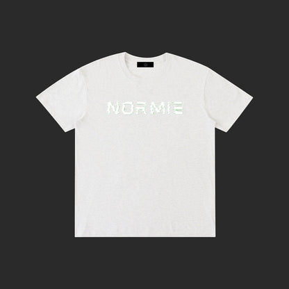 4iir Normie T-shirt in light grey heather cotton with a glitch-effect graphic print on the chest.