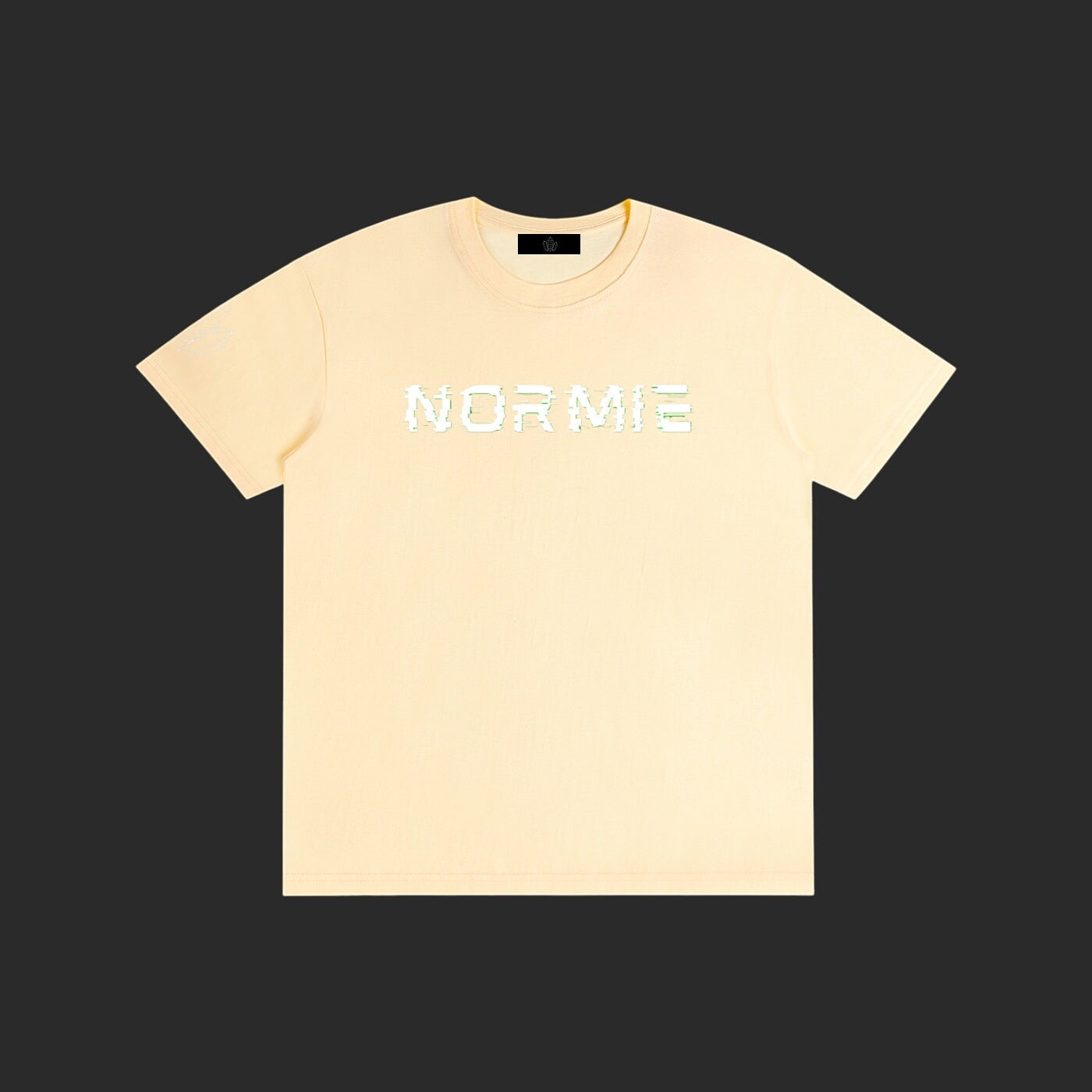 4iir Normie T light yellow cotton t-shirt with white glitch-effect graphic print on the chest.