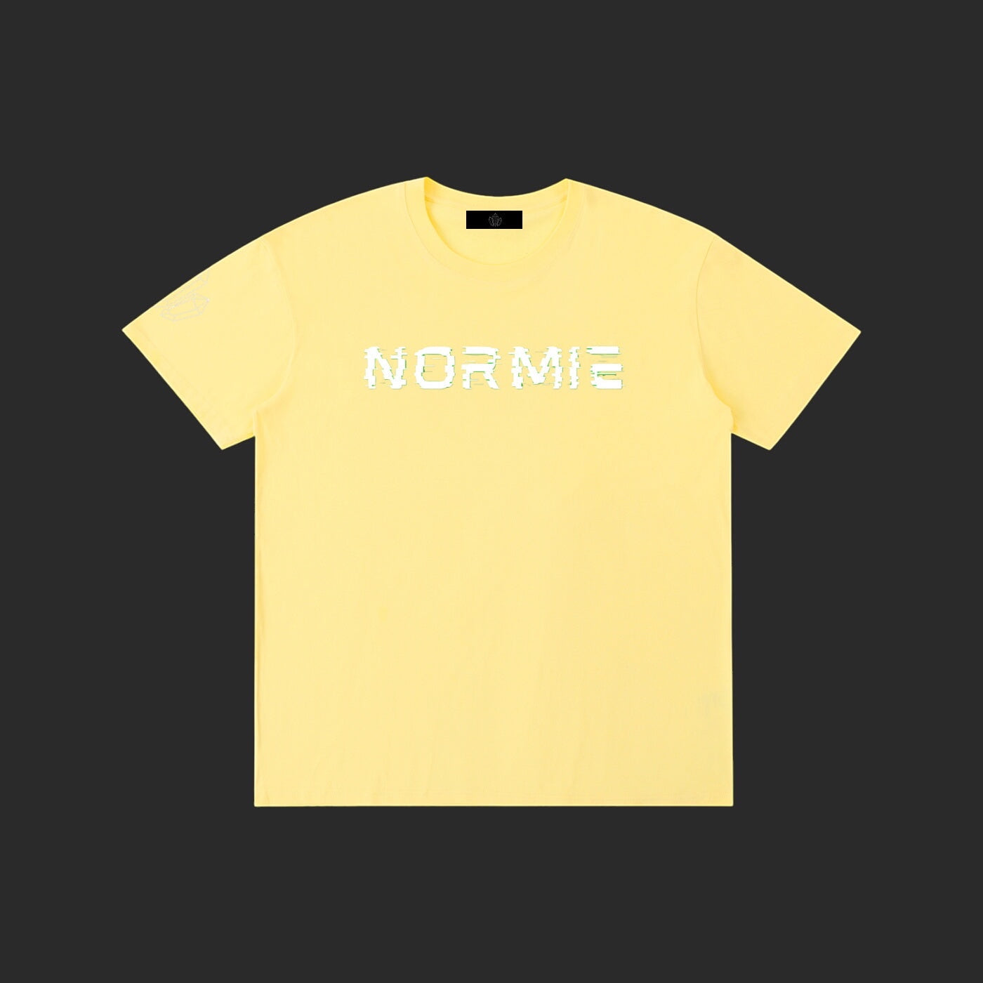 4iir Normie T-shirt in pastel yellow cotton with white glitch-effect text graphic on the chest.