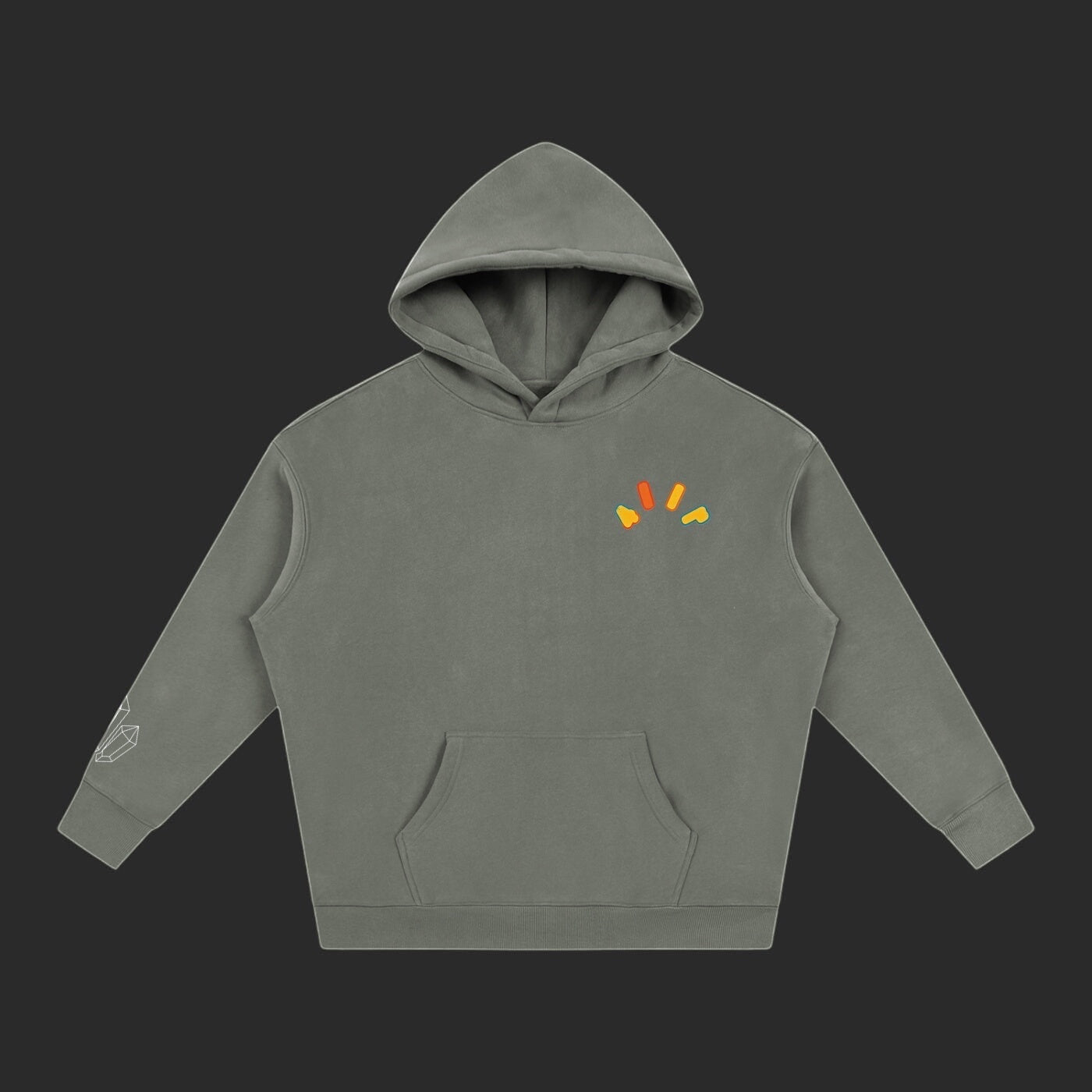 4iir Crystal Lava hoodie in olive green with a small colorful lava graphic on the chest and crystal sleeve print.