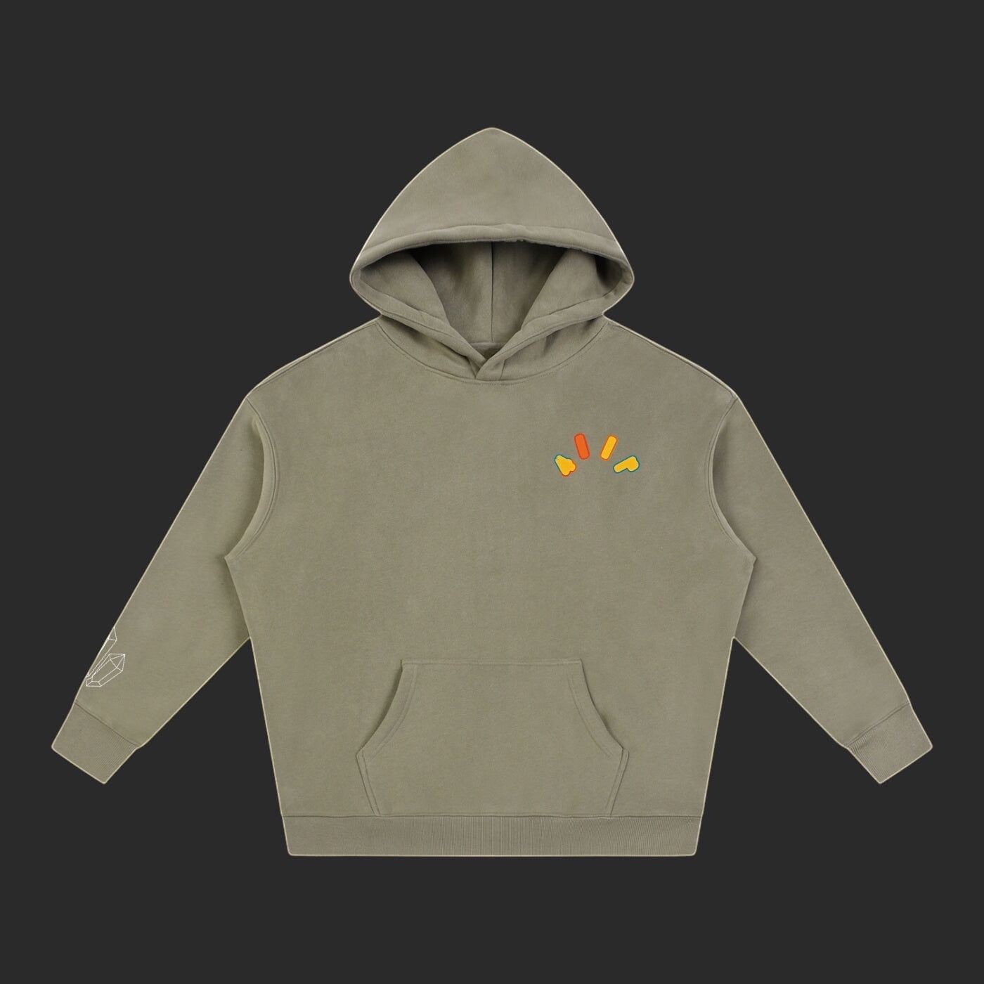 4iir Crystal Lava hoodie in olive green with a small colorful lava graphic on the chest and sleeve print.