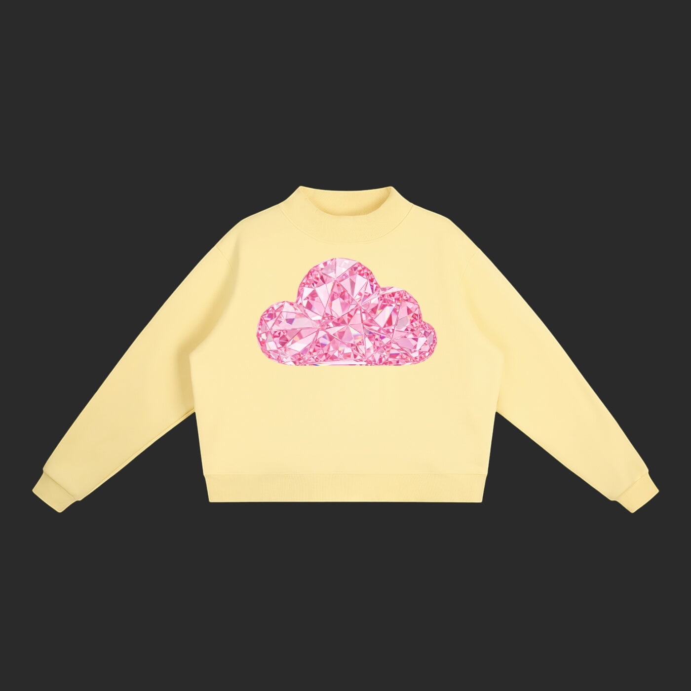 4iir Pink Cloud sweater in pale yellow with a sparkling pink diamond-style cloud graphic on the chest.