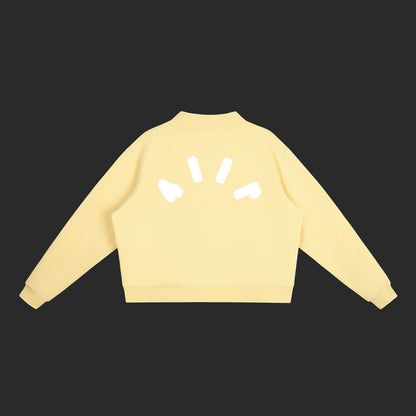 4iir Pink Cloud sweater in pale yellow with a white graphic logo on the back, made from a polyester-cotton blend.