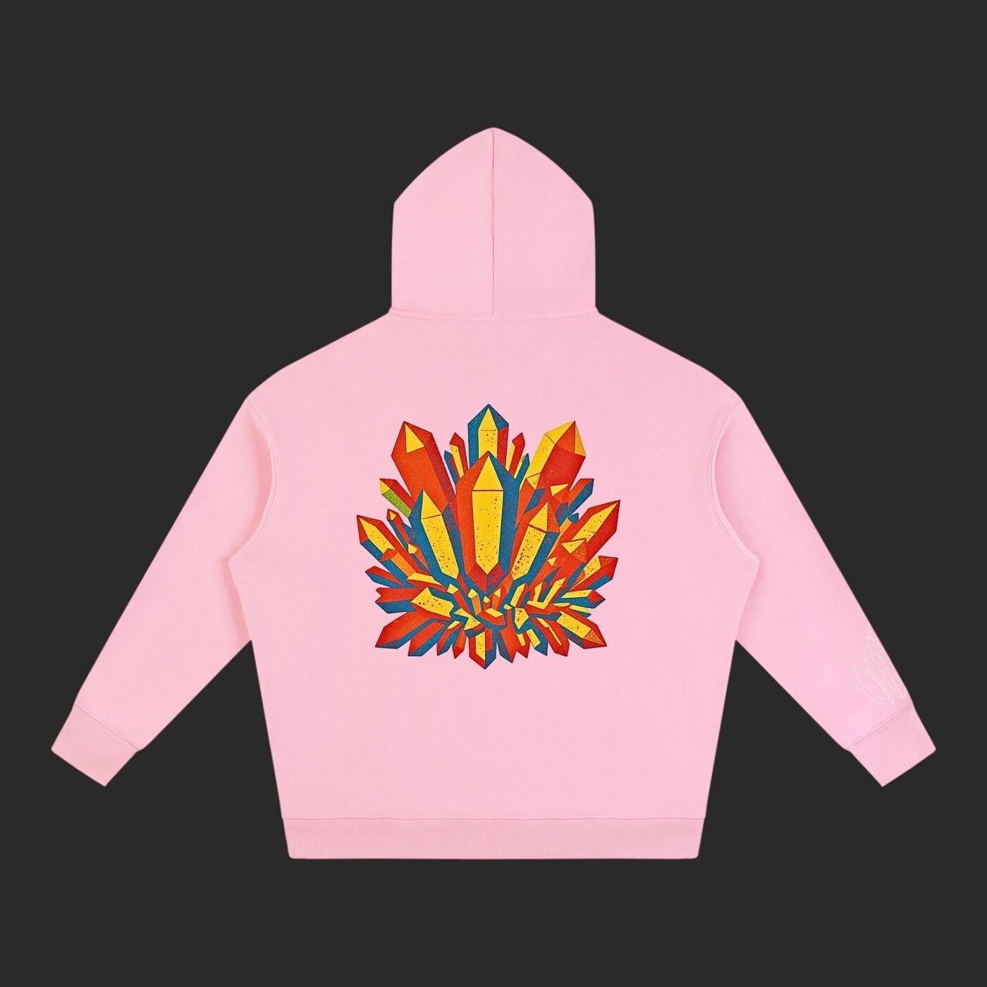 4iir Crystal Lava hoodie in light pink featuring a vibrant back graphic of colorful geometric crystals.