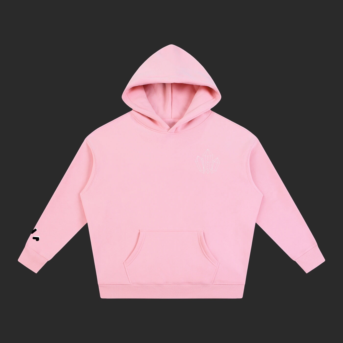 4iir pink Revenge hoodie with a small chest graphic and black sleeve detail, made from a thick cotton-blend fabric.