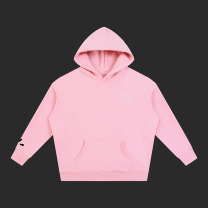 4iir pink Revenge hoodie with a small chest graphic and black sleeve detail, made from a thick cotton-blend fabric.