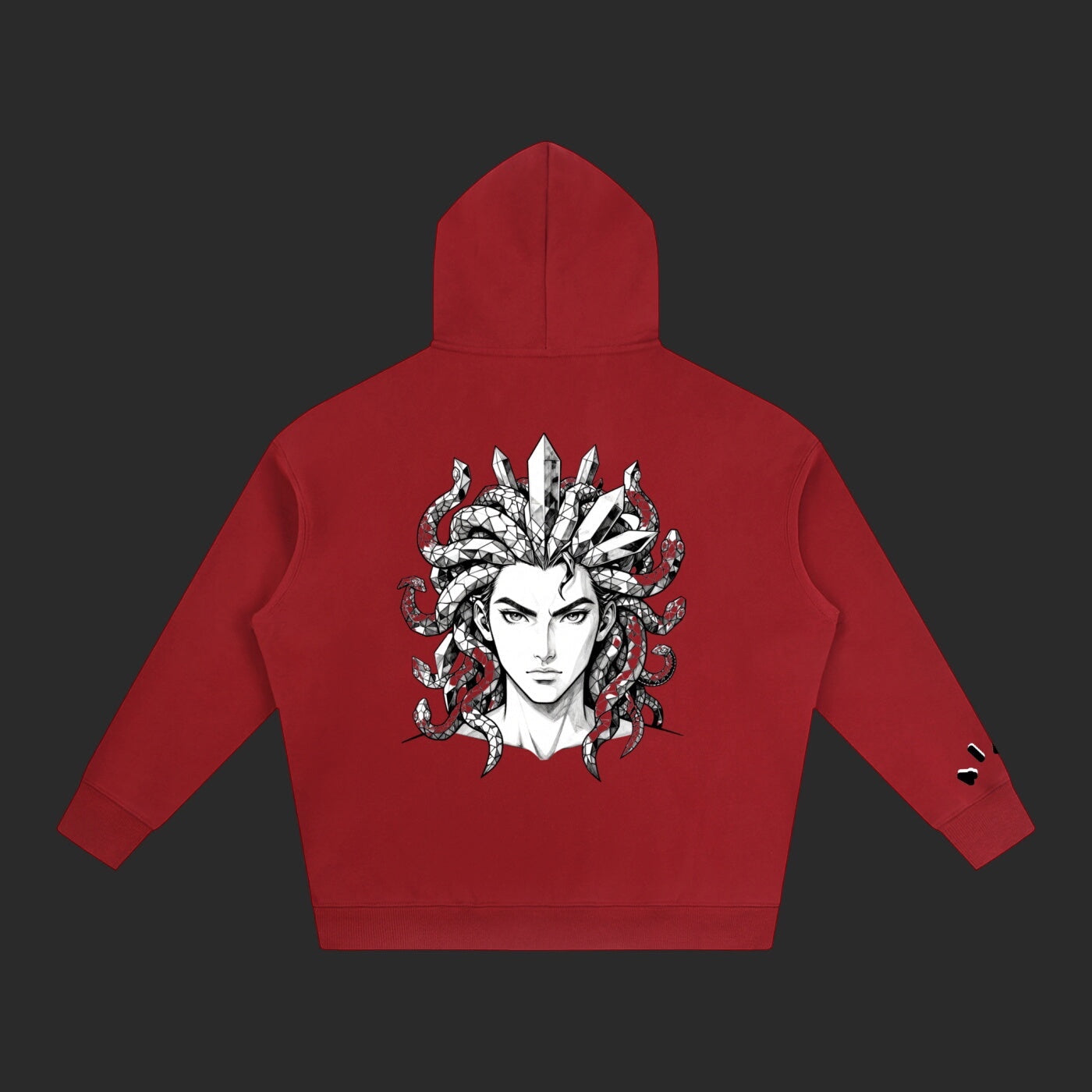 4iir red Revenge hoodie featuring a detailed Medusa graphic on the back with snakes and crystal accents
