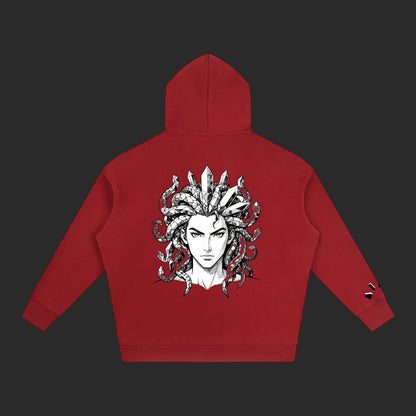 4iir red Revenge hoodie featuring a detailed Medusa graphic on the back with snakes and crystal accents
