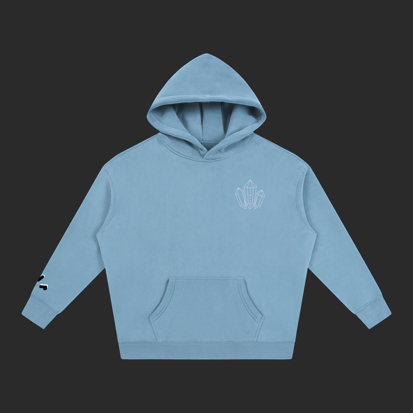 4iir Revenge hoodie in dusty blue with a small white crystal graphic on the chest and sleeve detail.