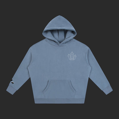 4iir Revenge hoodie in dusty blue with a white crystal graphic on the chest and sleeve detail.
