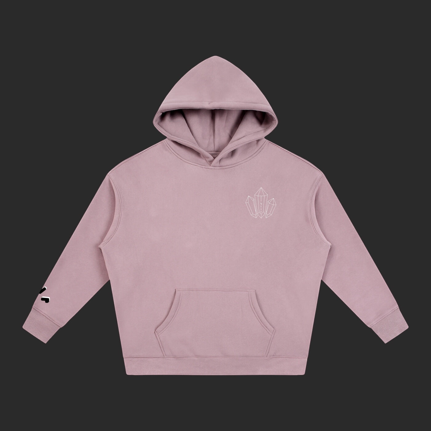 4iir Revenge hoodie in dusty pink with a small white crystal graphic on the chest and sleeve detail.