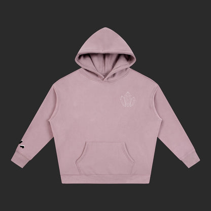 4iir Revenge hoodie in dusty pink with a small white crystal graphic on the chest and sleeve detail.
