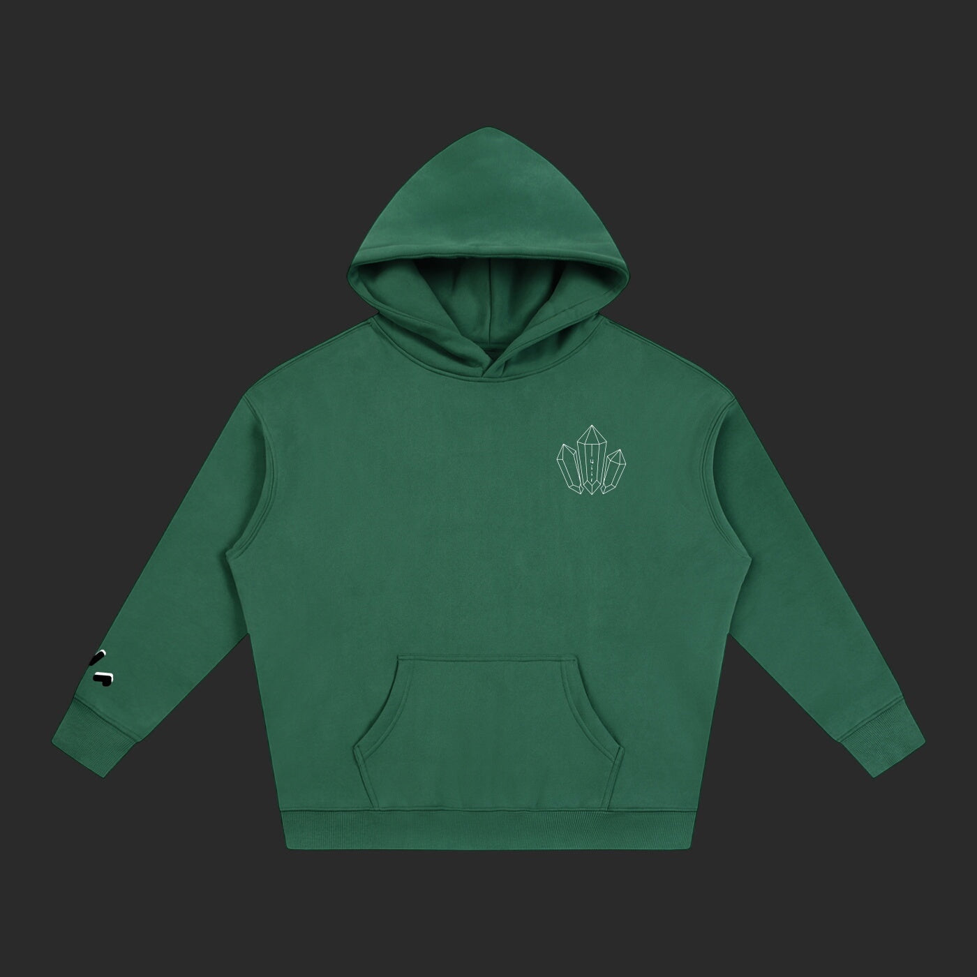 4iir Revenge hoodie in forest green featuring a white chest graphic and sleeve detail, made from thick cotton blend.