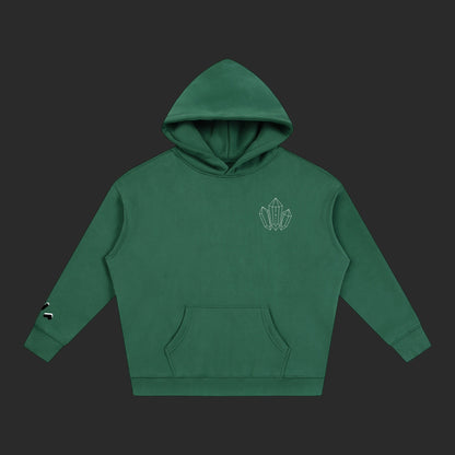 4iir Revenge hoodie in forest green featuring a white chest graphic and sleeve detail, made from thick cotton blend.