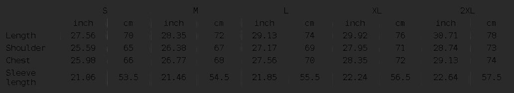 4iir Revenge Hoodie size chart showing length, shoulder, chest, and sleeve measurements in inches and centimeters.