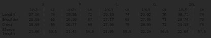 4iir Revenge Hoodie size chart showing length, shoulder, chest, and sleeve measurements in inches and centimeters.