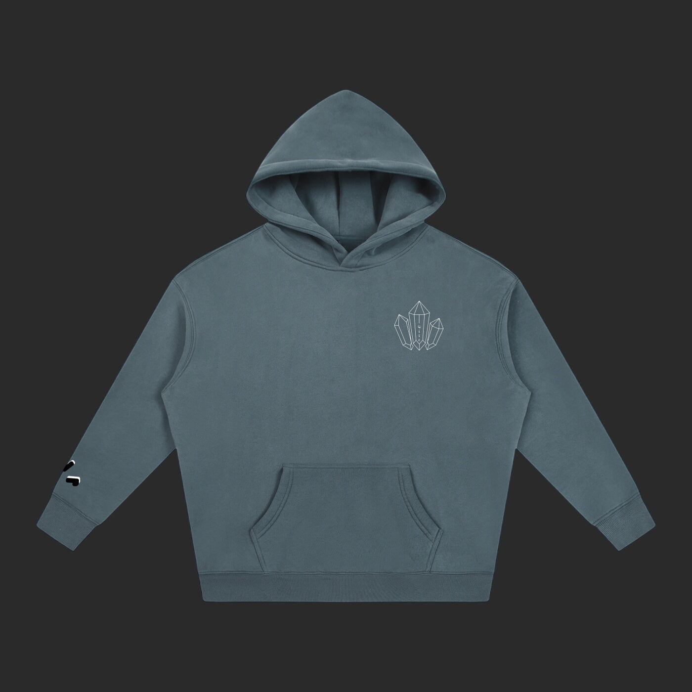 4iir Revenge hoodie in slate blue with a small white crystal chest graphic and sleeve detail on a dark background.