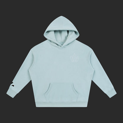 4iir Revenge hoodie in light blue with a small chest graphic and sleeve detail, made from a thick cotton-blend fabric.