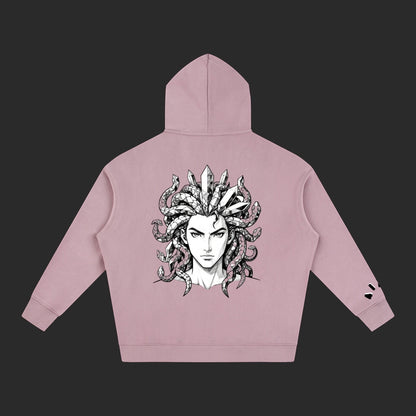 4iir Revenge hoodie in dusty pink featuring a back graphic of a male Medusa with crystal accents and snake hair.