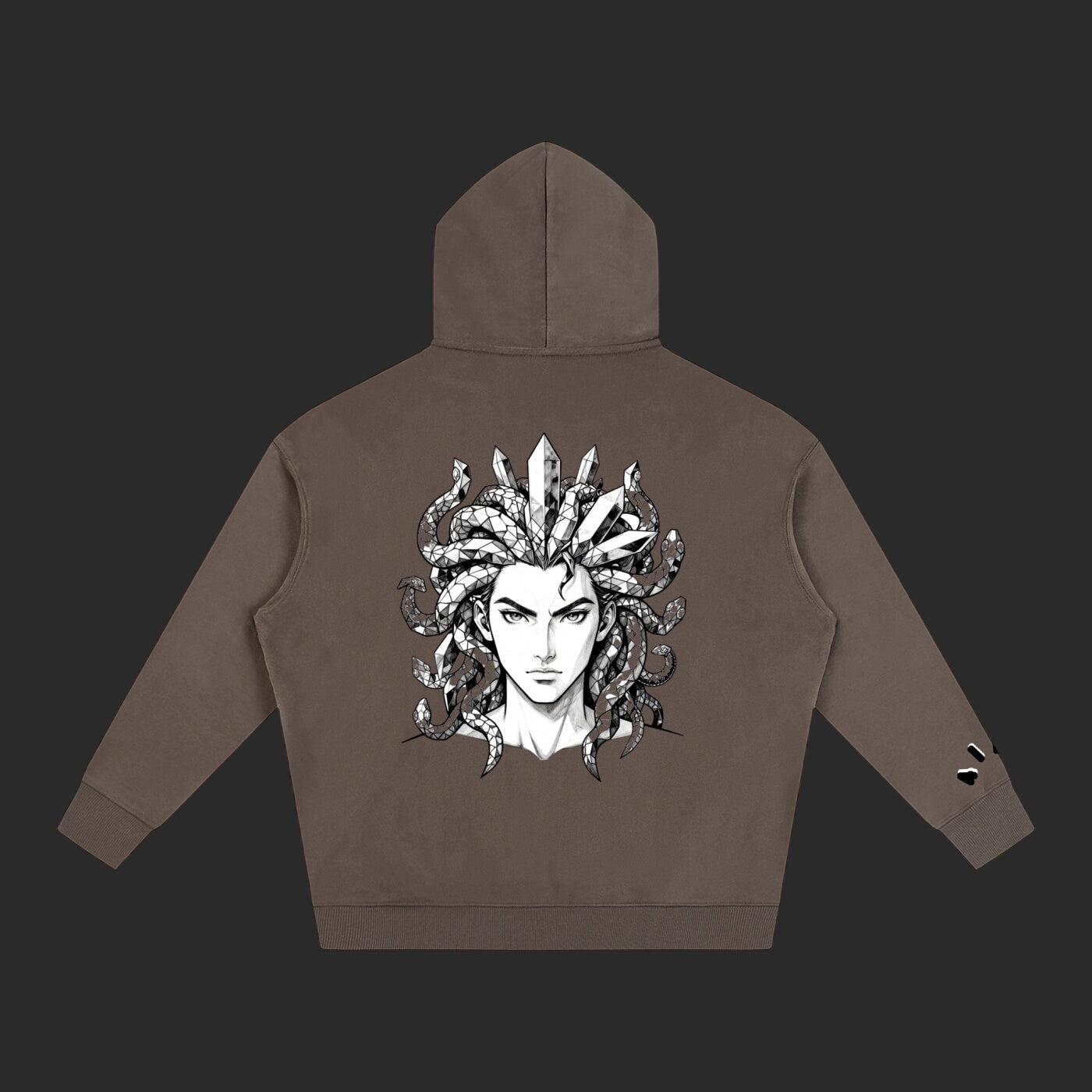 4iir Revenge hoodie in brown featuring a detailed Medusa graphic print on the back with thick cotton blend fabric.