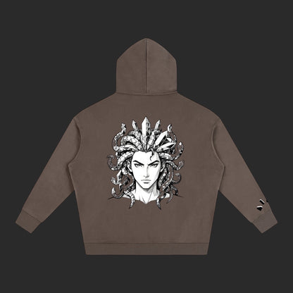 4iir Revenge hoodie in brown featuring a detailed Medusa graphic print on the back with thick cotton blend fabric.