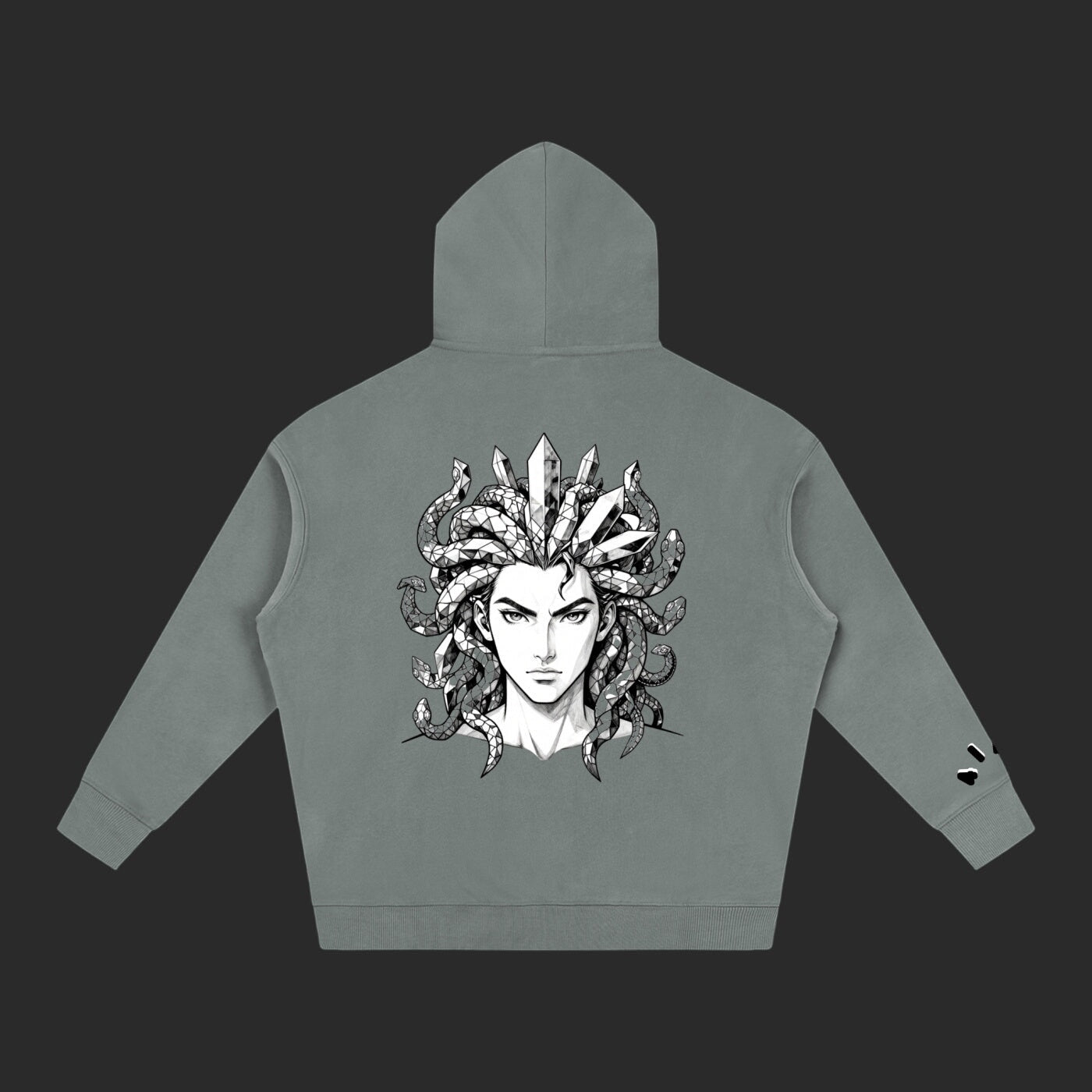 4iir Revenge hoodie in grey with a detailed black and white Medusa graphic on the back