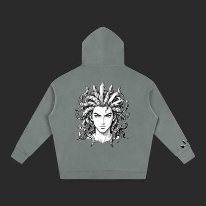 4iir Revenge hoodie in grey with a detailed black and white Medusa graphic on the back