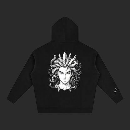4iir Revenge hoodie in black featuring a detailed Medusa graphic with snake hair on the back