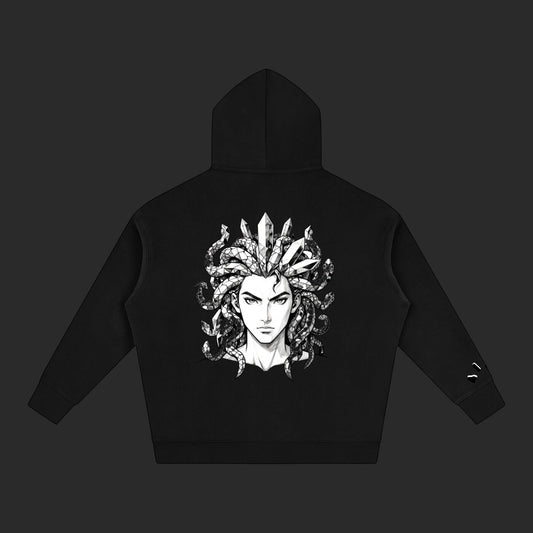 4iir Revenge hoodie in black featuring a detailed Medusa graphic with snake hair on the back